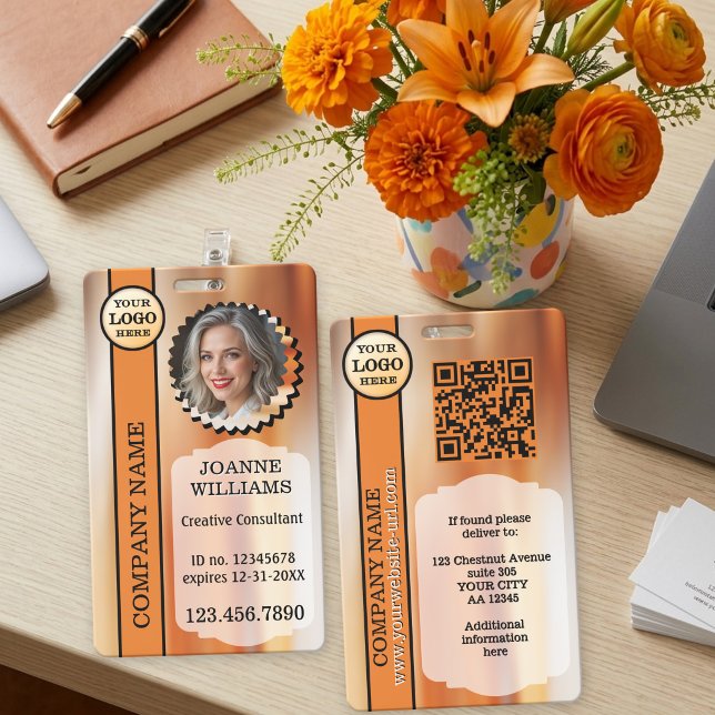 Badge Employé Créatif Orange Stylé Professionnel (Creative orange stylish professional employee ID badge with photo and QR code template)