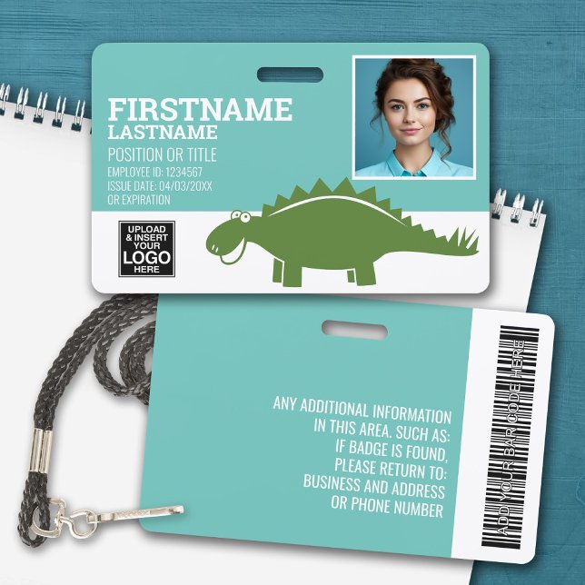 Badge Employé de la garderie du pédiatre Stegasaurus Pho (Personalized Name Badge with Photo and Company Logo)