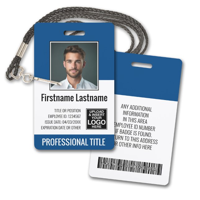 Badge Employé essentiel - Photo, Code-barres, Logo, Bleu (Plastic ID Badge - Customize with Employee Photo and Credentials. Blue Accents)