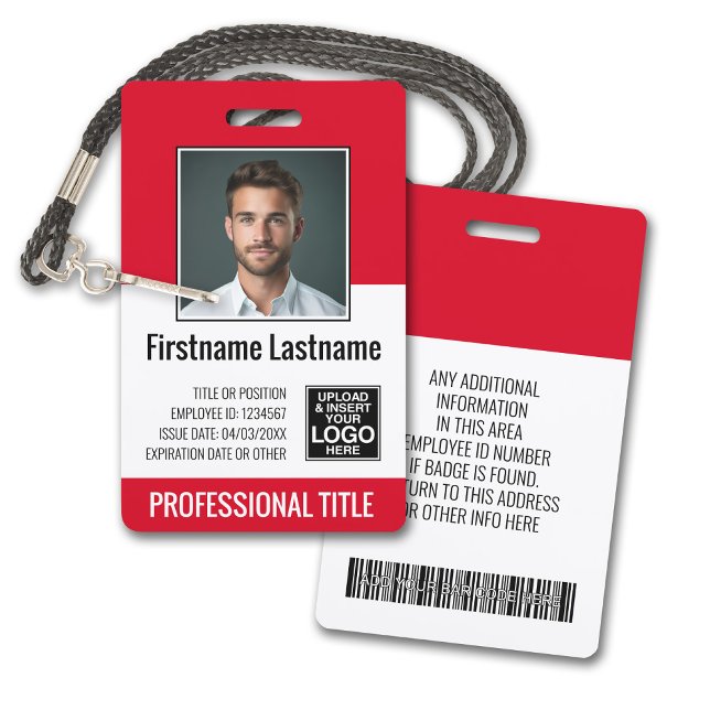 Badge Employé essentiel - Photo, Code-barres, Logo, Roug (Plastic ID Badge - Customize with Employee Photo and Credentials. Red Accents)