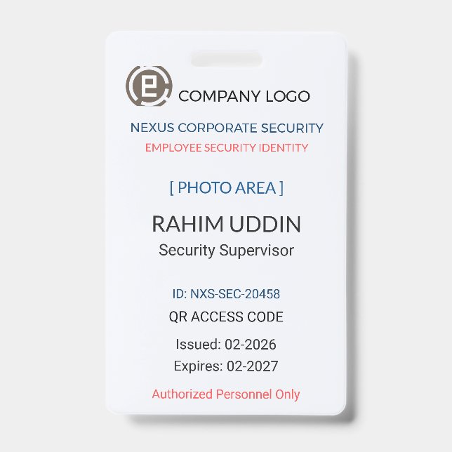 Badge employé | ID de sécurité – Carte photo (Avant)