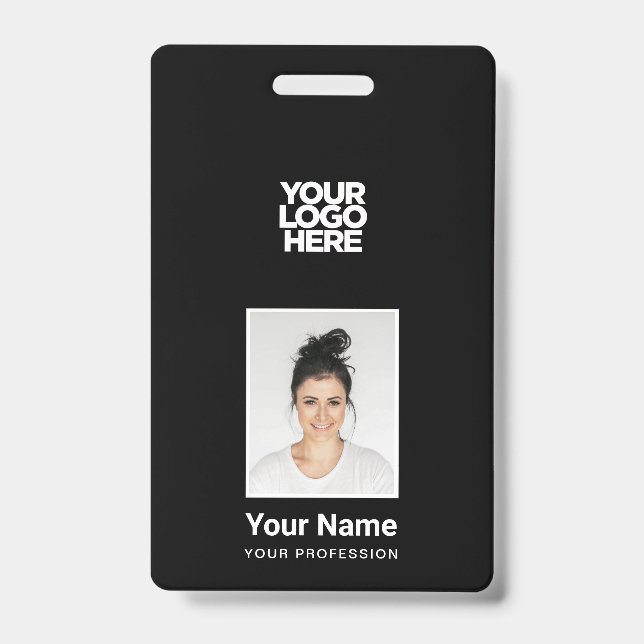 Badge Employé noir - Photo, Code-barres, Grand logo, Nom (Face)