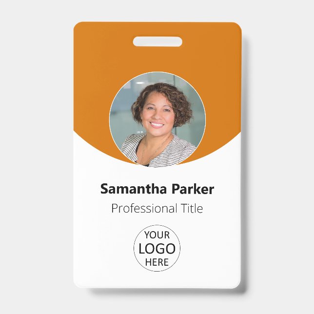 Badge employé orange personnalisé avec photo, logo (Avant)