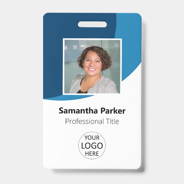 Badge Employé Personnalisé Bleu - Photo, Logo, Code-barr (Avant)