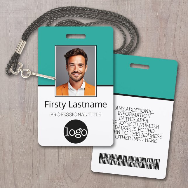 Badge Employé Personnalisé - Photo, Code Barre, Logo, No (Employee ID Badge with Custom Logo, Photo and Scan Bar Code - Teal Accents)