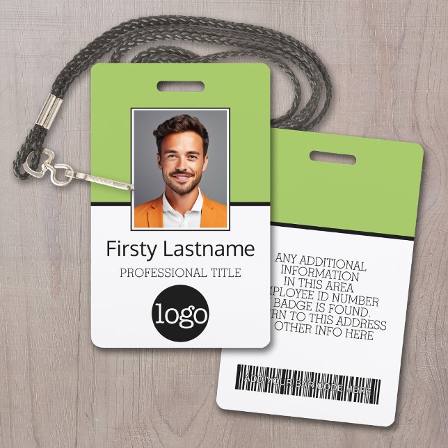Badge Employé Personnalisé - Photo, Code Barre, Logo, No (Employee ID Badge with Custom Logo, Photo and Scan Bar Code - Lime Green Accents)