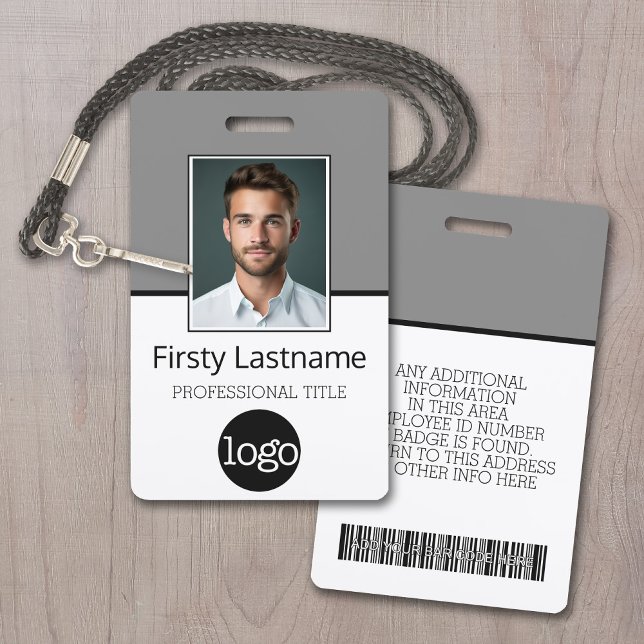 Badge Employé Personnalisé - Photo, Code Barre, Logo, No (Employee ID Badge with Custom Logo, Photo and Scan Bar Code - Gray Accents)