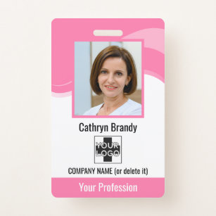 Badge Employé personnalisé rose, photo, code à barres et
