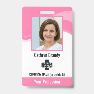 Badge Employé personnalisé rose, Photo, Code-barres et L