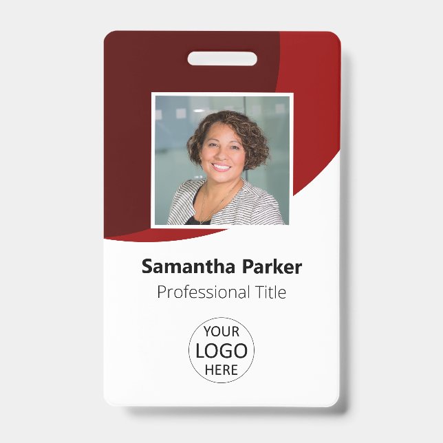 Badge Employé Personnalisé Rouge - Photo, Logo, Code-bar (Avant)