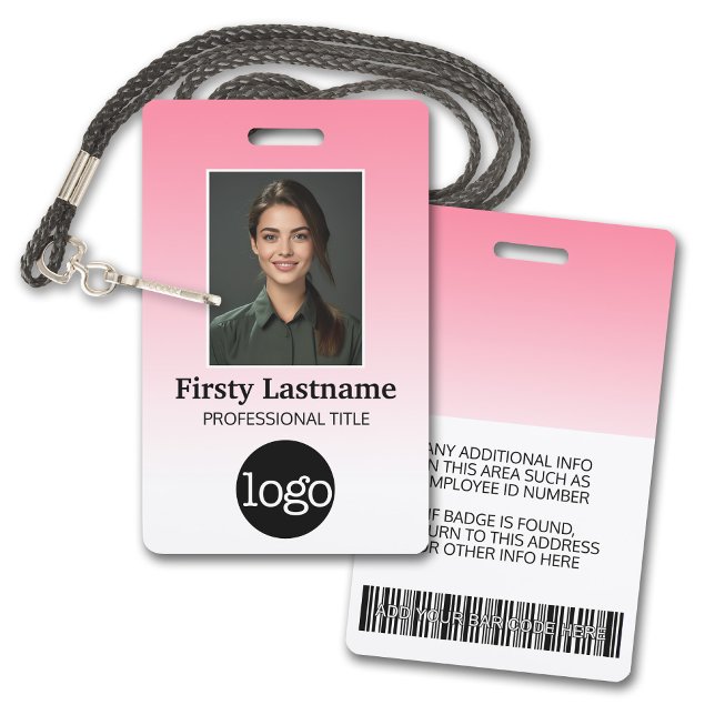 Badge Employé - Photo, Code barre, Logo, Dégradé de nom (Employee Badge with Gradient Background. Add a photo and logo to this name tag with pink accents.)