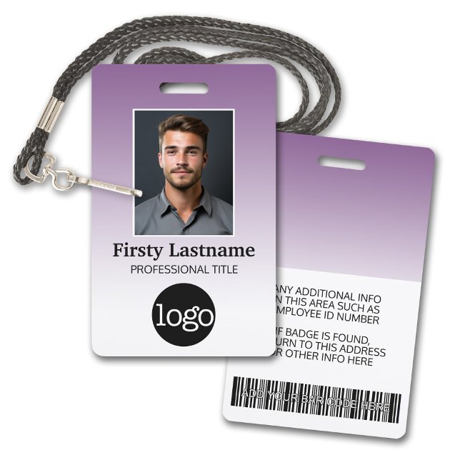 Badge Employé - Photo, Code barre, Logo, Dégradé de nom (Employee Badge with Gradient Background. Add a photo and logo to this name tag with purple accents.)