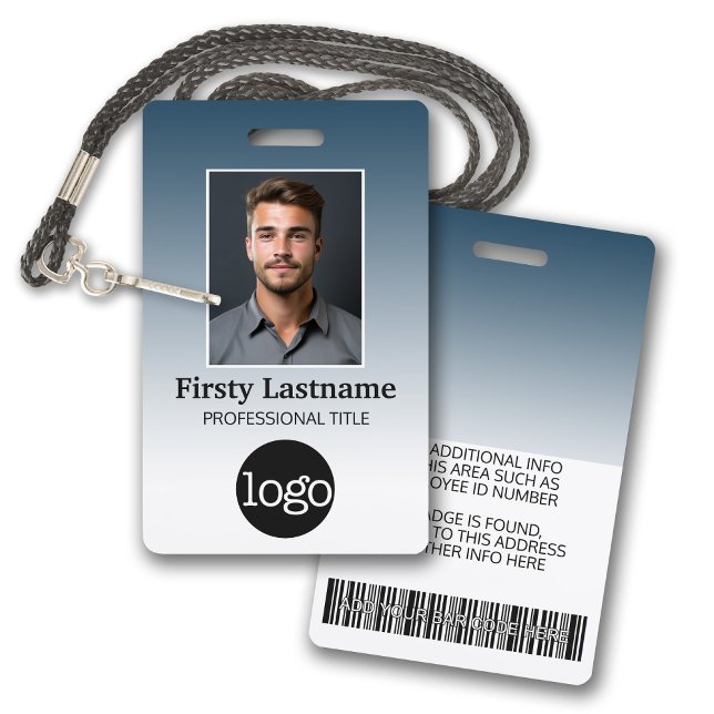 Badge Employé - Photo, Code barre, Logo, Dégradé de nom (Employee Badge with Gradient Background. Add a photo and logo to this name tag with blue accents.)