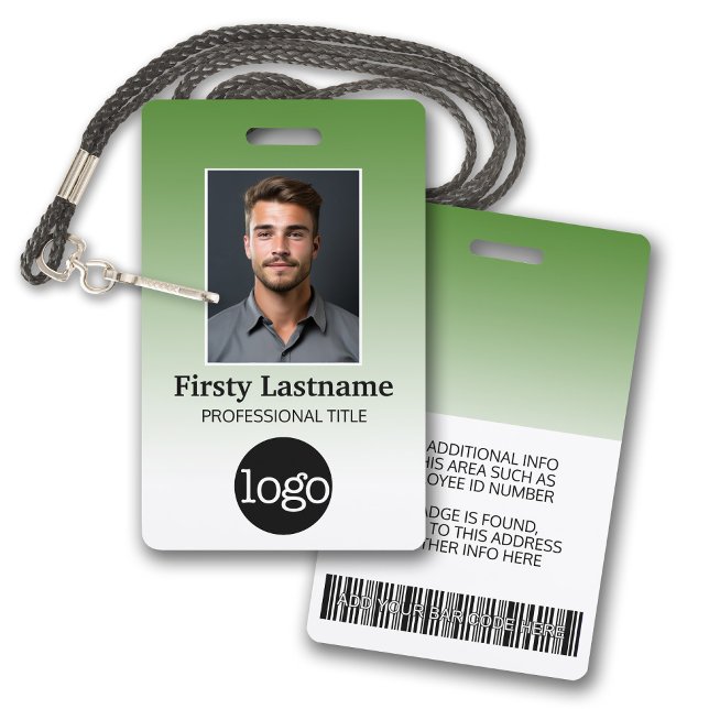Badge Employé - Photo, Code barre, Logo, Dégradé de nom (Employee Badge with Gradient Background. Add a photo and logo to this name tag with green accents.)