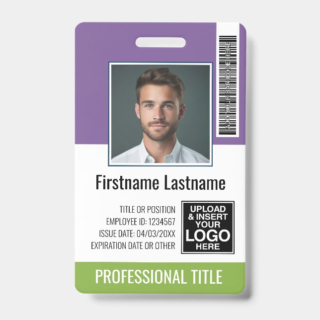 Badge Employé - Photo, Code barre, Nom du logo Purple Gr (Avant)