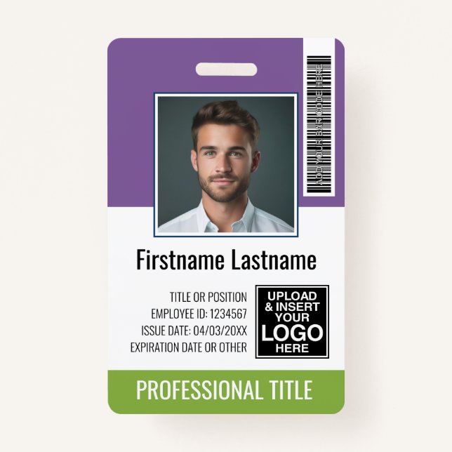 Badge Employé - Photo, Code barre, Nom du logo Purple Gr (Devant)