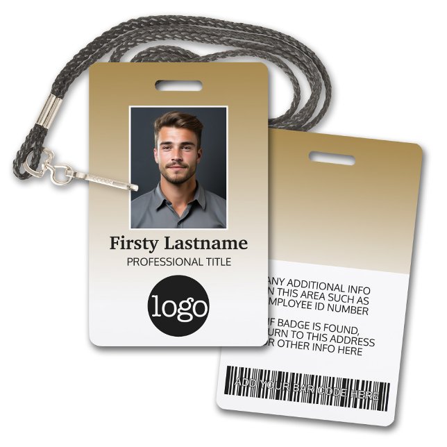 Badge Employé - Photo, code-barres, logo, dégradé de nom (Employee Badge with Gradient Background. Add a photo and logo to this name tag with gold accents.)