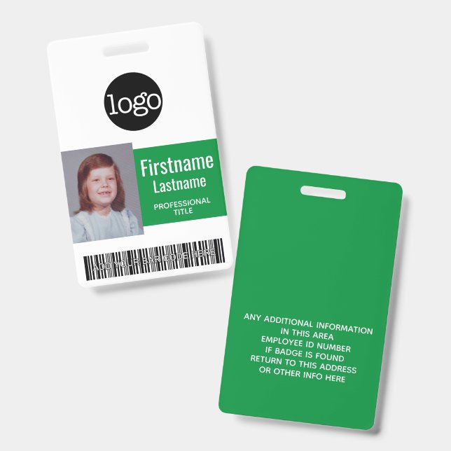 Badge Employé Vert - Photo, Code-Barres, Logo, Carte d'i (Avant & arrière)