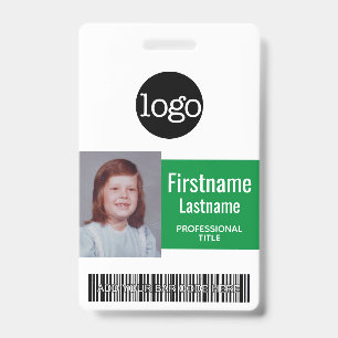 Badge Employé Vert - Photo, Code-barres, Logo, Nom ID