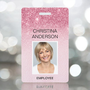 Badge Employée Paillettes Rose Glam - Nom Photo Entrepri