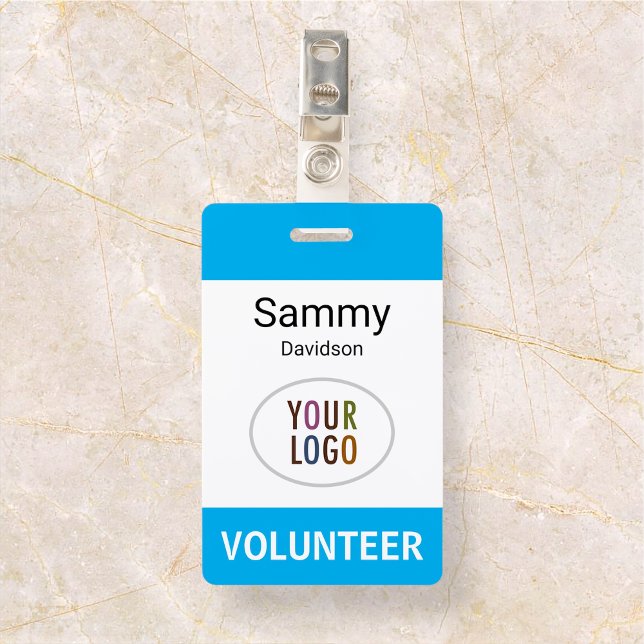 Badge en plastique pour bénévole avec clip et logo (MISOOK Volunteer Vertical Name Badge with Clip Sky Blue)