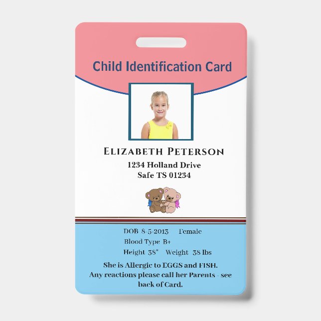 Badge Enfant Garçon Fille ID Identification Personnalise (Avant)