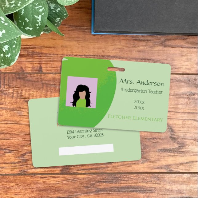 Badge Enseignant Pomme verte Insigne d'identification ph (Teacher green apple horizontal photo ID badge .)