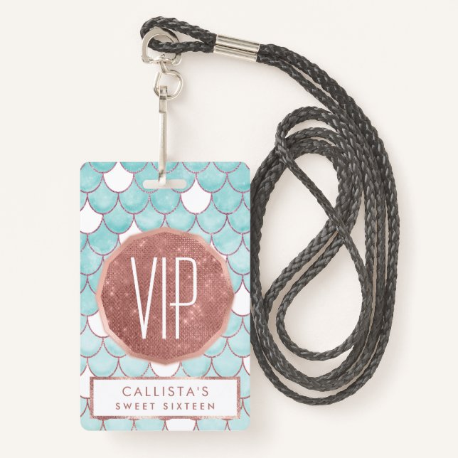 Badge Étalons de sirène de Parties scintillant rose Turq (Devant avec lanière)