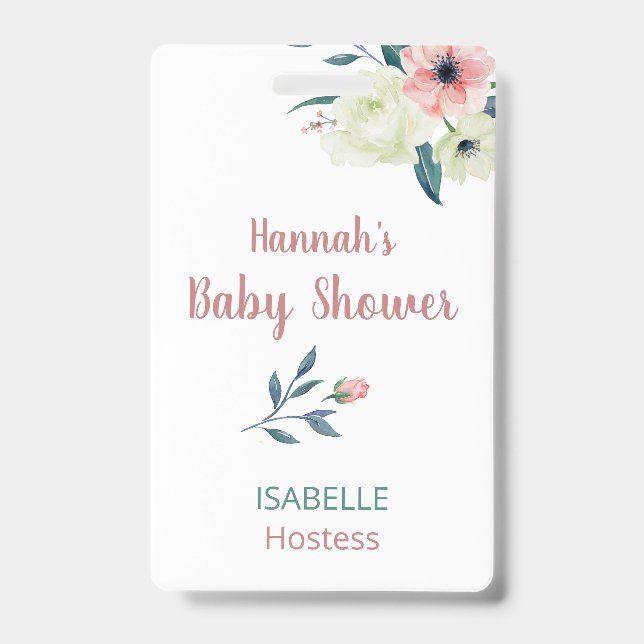 Badge Étiquette baby shower rose Floral Hostals or Guest (Front)
