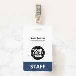 Badge Étiquette de personnel avec nom de l'employé et lo<br><div class="desc">Personnalisez facilement ce badge personnalisé pour professionnel de l'administration sans photo, avec code-barres et grand logo d'entreprise. Un design simple pour les entreprises en couleurs bleu marine et blanc entièrement personnalisable en tailles avant et arrière, polices basiques sans serif et modernes et un aspect professionnel et clair, parfait pour les...</div>