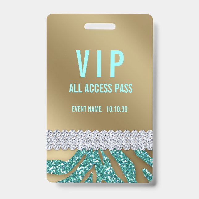 Badge Événement d'accès VIP féminin pailleté sarcelle fé (Avant)