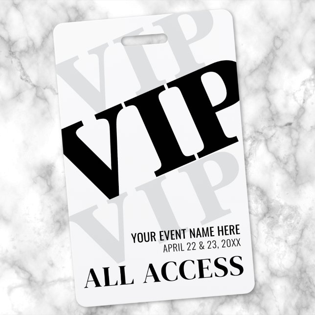 Badge Événement VIP Moderne Noir Blanc (Black White Simple VIP Event Badge)