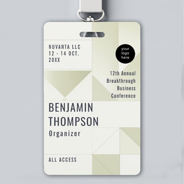 Badge Event Conference Business Corporate Green ID Nom (event badge lanyard template business corporate conference geometric green sage modern professional)