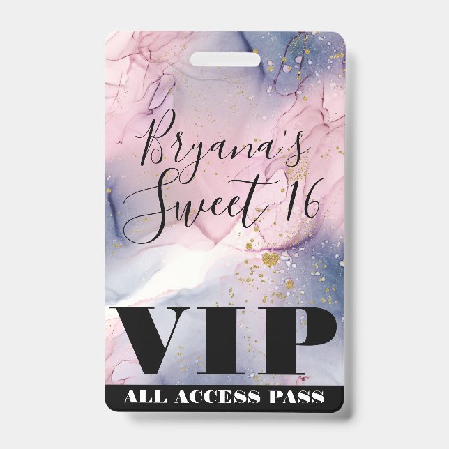 Badge Fantaisie VIP Rose Pervenche Éthérée Dorée Encre (Avant)