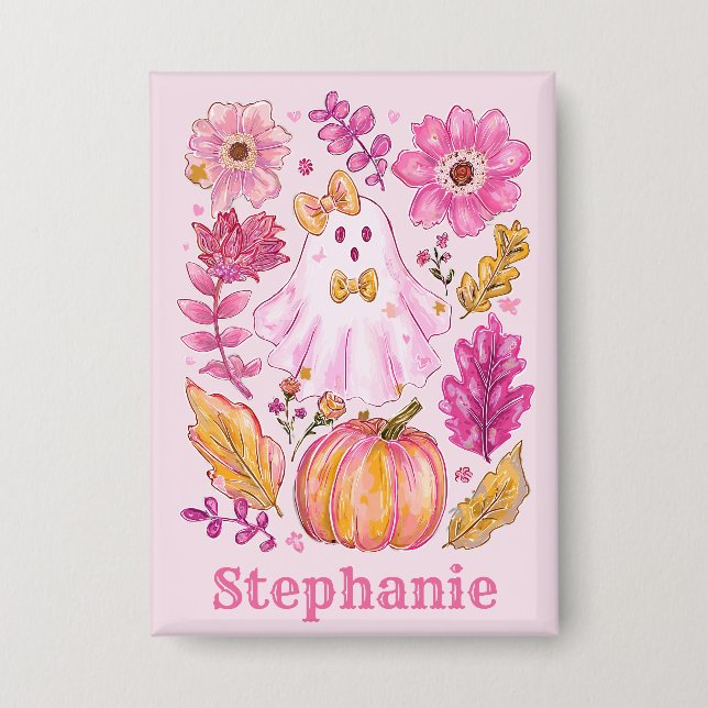 Badge Fantôme de Halloween rose pastel avec nom personna (Recto)