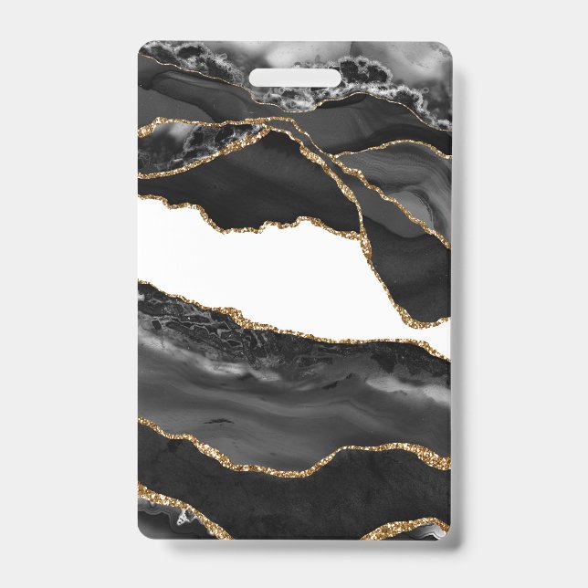 Badge Fausse Agate Marbrée Pierre Luxueuse Noire Élégant (Avant)