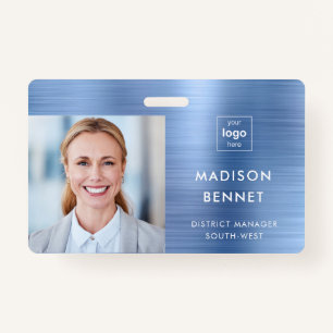 Badge Faux Blue Metallic moderne ID photo d'entreprise