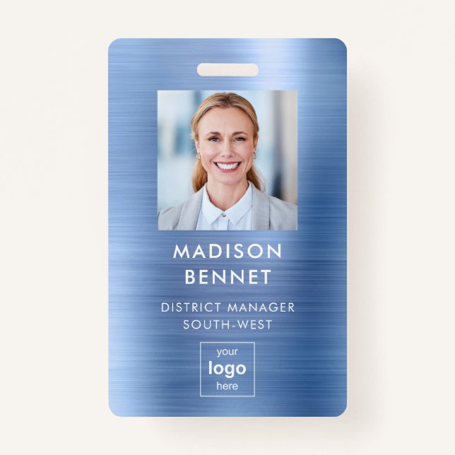 Badge Faux Blue Metallic moderne ID photo d'entreprise (Devant)