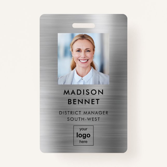 Badge Faux Silver Metallic moderne ID photo d'entreprise (Devant)