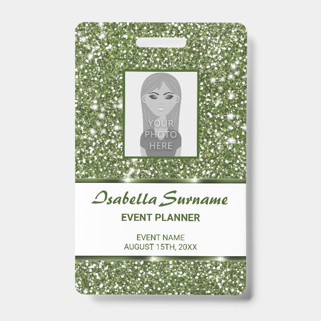 Badge Faux Texture Pailletée Verte avec Texte Personnali (Avant)