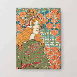 Badge Femme aux Cheveux Roux Lys Orange Impression d'Art