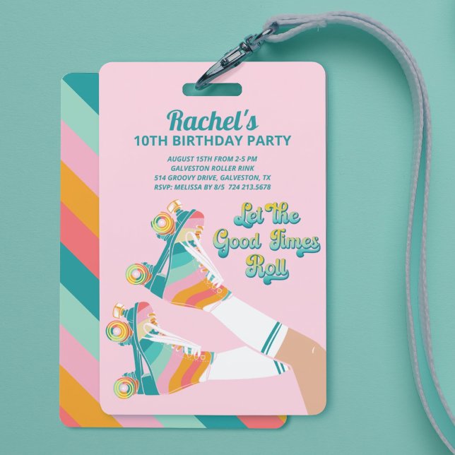 Badge Fête d'anniversaire de roller rétro rose  (Fun Retro Rollerskating Birthday Party Lanyard Invitations
)