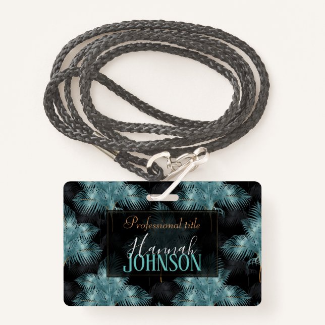 Badge Feuilles d'été de Métallurgie Bleu & Gold Palm  (Devant avec lanière)