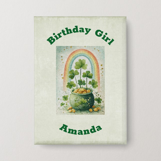 Badge Fille d'anniversaire Pot d'or et arc-en-ciel vinta (Recto)