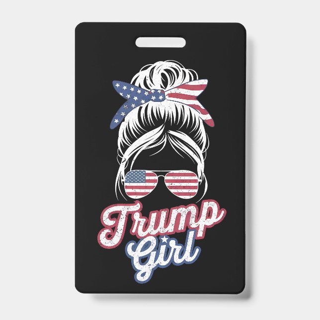 Badge Fille Trump Chignon Décoiffé Vintage Drapeau Améri (Avant)