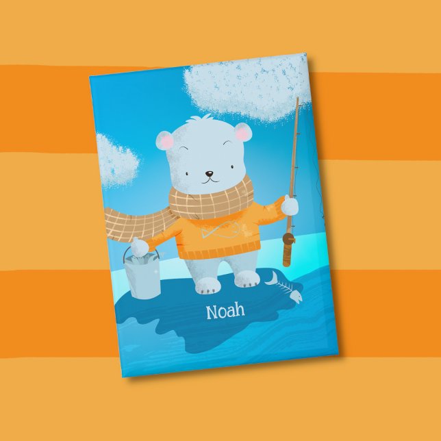 Badge Fishing Polar Bear Kid Pin Button with Name (Fishing brown bear kid blue rectangular button with name .)