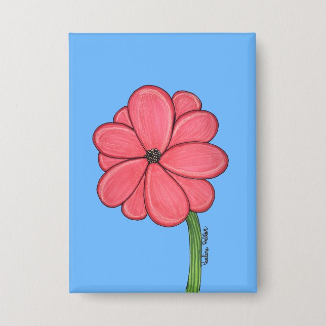 Badge Fleur rose pleine avec fond bleu (Recto)