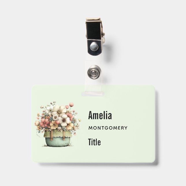 Badge Fleurs dans un pot Cozy Shabby Mignon Fleuriste (Avant avec clip)