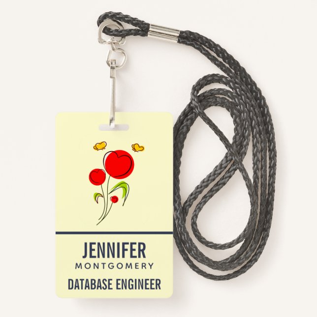 Badge Fleurs du Coeur Rouge mignonnes et papillons jaune (Devant avec lanière)