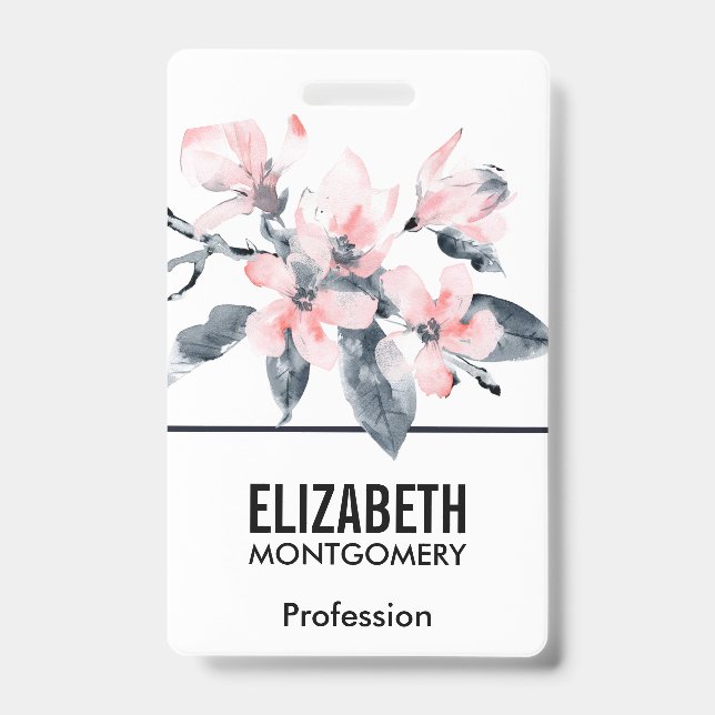 Badge Fleurs rose et gris Aquarelle classique (Avant)